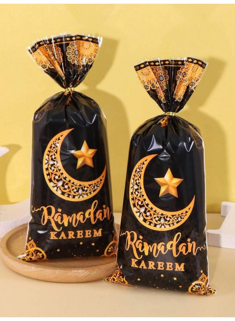 توزيعات رمضان 25 قطعة أكياس هدايا سوداء مزخرفة بالهلال والنجمة وعبارة رمضان كريم، مناسبة لتقديم الحلوى وزينة حفلات رمضان والعيد - Image 4